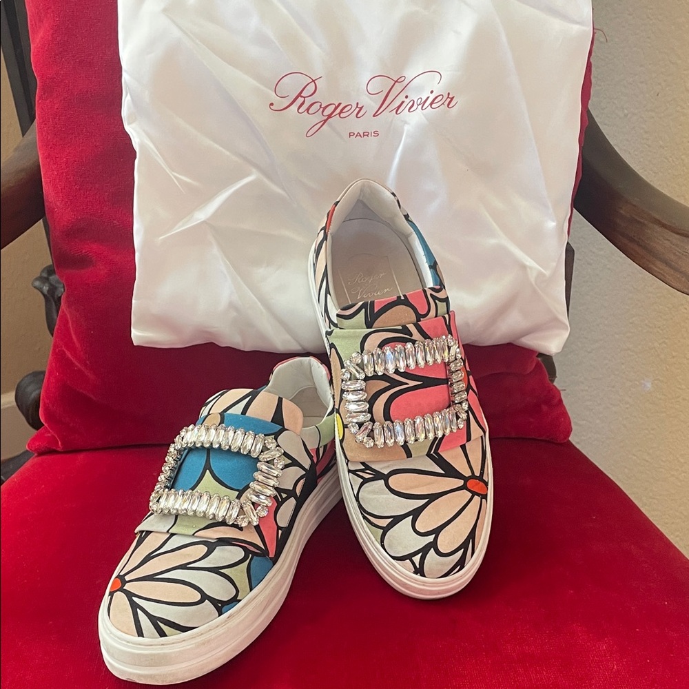 BeautifulRoger Vivier Crystal-Buckle Floral Slip-On Sneakers — Blue, Pink, Green